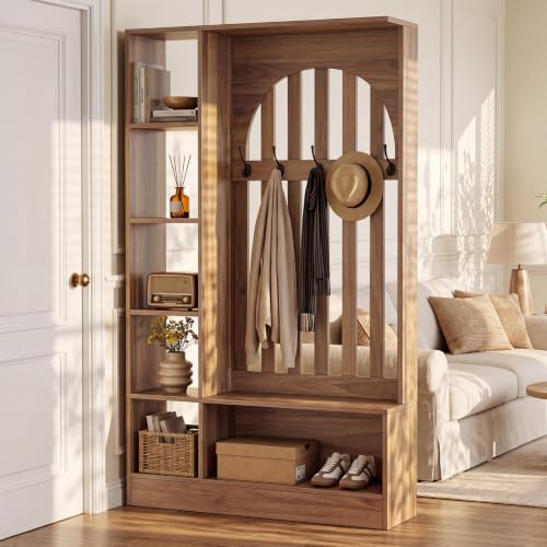 Tribesigns Room Divider with Storage Shelves and Bench | 70.9" Freestanding Wall Divider Partition with Coat Rack for Room Separation, Entryway, Living Room, Bedroom, Rustic Brown