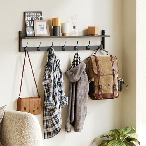 BAMEOS Wall Hooks with Shelf 35 Inch Length Entryway Hanging Shelf Wood Coat Hooks Wall-Mounted Coat Hook Rack with 7 Dual Hooks for Bathroom, Living Room, Bedroom (Black) - style: Black-35IN with shelf