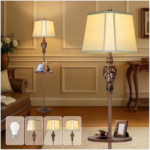 65" High Vintage Floor Lamp with Night Light and Metal Tray, Carving Design | Beige Faux Silk Shade, Farmhouse Standing Lamp, Retro Rustic Tall Lamp Decor for Living Room, Bedroom, Bedside, Corner, Home - color: Wood-grain Finish + Brown