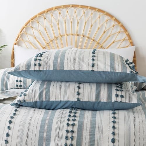 Washed Cotton Full Size Duvet Cover Set - Tufted Dots Boho Chic Bedding for All Seasons, Striped Bohemain Bedding Linen Like Textured Breathable Durable Soft Comfy (Blue, 89''x90'') - color: Blue, size: Full