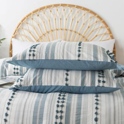 Washed Cotton Full Size Duvet Cover Set - Tufted Dots Boho Chic Bedding for All Seasons, Striped Bohemain Bedding Linen Like Textured Breathable Durable Soft Comfy (Blue, 89''x90'') - color: Blue, size: Full