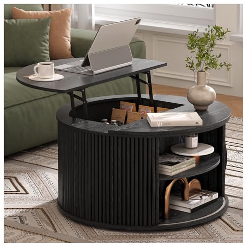 SULIVES Round Coffee Table with Lifting Top, Multifunctional Lift Top Drum Coffee Table with Sliding Door, Small Fluted Center Table for Living Room,Black - color: Black_round-lift-top