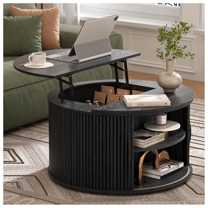 SULIVES Round Coffee Table with Lifting Top, Multifunctional Lift Top Drum Coffee Table with Sliding Door, Small Fluted Center Table for Living Room,Black - color: Black_round-lift-top