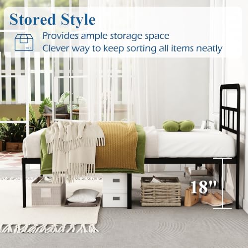 DiaOutro 18 Inch Twin Bed Frames with Headboard Metal Platform, Black | Heavy Duty Bed For Kids Adults, Steel Slat Supports No Box Spring Needed, Easy Assembly, Noise Free - size: Twin, style: 18 Inch