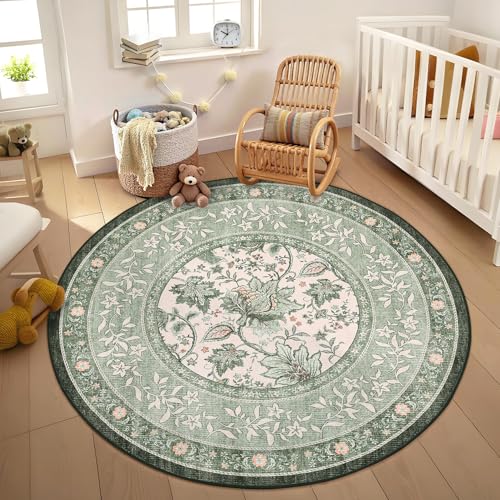 GarveeHome Sage Green Botanical Grove 4ft Round Rug, Small Circle Vintage Cottagecore Soft Low-Pile Non-Slip Washable Rugs for Living Room Bedroom Nursery Kitchen Retro Carpet - color: Sage Grove, size: 4 ft (Round)