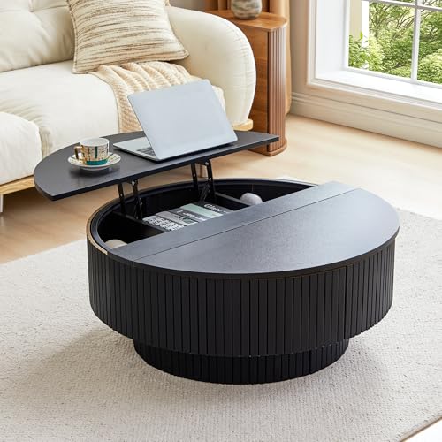 33" Round Coffee Table with Lift-Top & Flip-Top Storage, Modern Accent Fluted Coffee Tables with Metal Frame, Wooden Circle Center Table for Living Room Small Space Apartment Office (Black) - color: Black 33" Round Lift-top & Flip-top