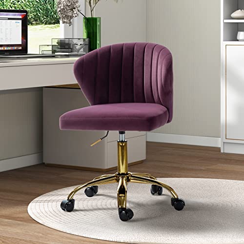 TINA'S HOME Office Desk Chairs with Wheels & Gold Base, Modern Velvet Cute Armless Office Chair, Adjustable Low Back Swivel Rolling Chair, Upholstered Task Chair for Living Room Vanity Study-Purple | Modern Velvet Cute Armless Office Chair, Adjustable Low