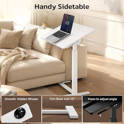 Mobile Standing Desk Adjustable Overbed Table, Pneumatic Height Adjustable Rolling Laptop Desk with Hidden Wheels, 0-180°Tilt Top Rolling Computer Cart Foldable for Home Office, Craft & Study, White - color: White, style: Fully Tiltable