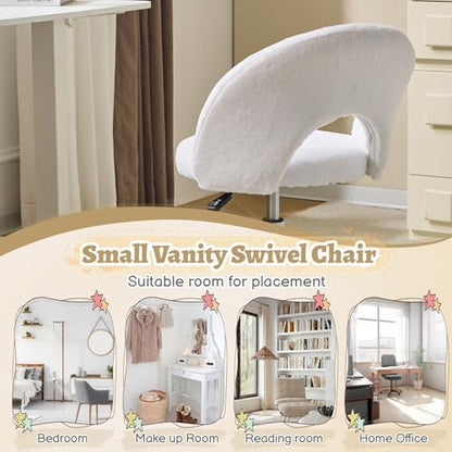 VINGLI Small Vanity Chair with Faux Fur Wheels for Girls,Cute Adjustable Height Armless Office Desk Chair,360°Swivel Comfy Rolling for Study,Make up Room,Small Space,White - color: Furry White