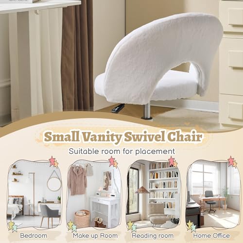 VINGLI Small Vanity Chair with Faux Fur Wheels for Girls,Cute Adjustable Height Armless Office Desk Chair,360°Swivel Comfy Rolling for Study,Make up Room,Small Space,White - color: Furry White