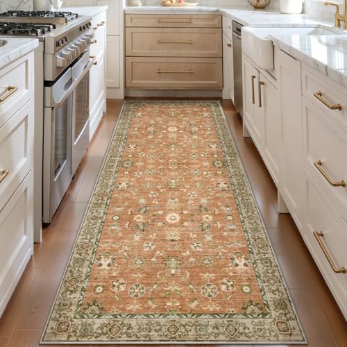 Tangsoo Washable Runner Rug for Hallway,2x5 Vintage Terracotta Rug Non Slip | Boho Farmhouse Floral Rug Runners for Kitchen Bathroom,Floor Carpets Soft Low Pile Carpet Runner for Entryway Laundry Bedroom - color: Terracotta Tangerine, size: 2' X 5' (Runne