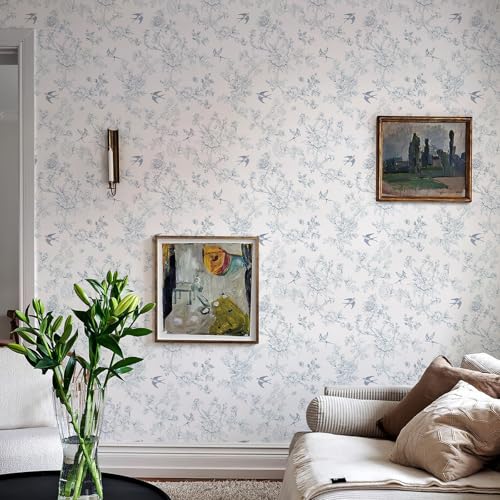 Simon&Siff Blue and White Vintage Floral Birds Peel and Stick Wallpaper | 480" x 17.3" Removable Self Adhesive Waterproof Contact Paper, Renter Friendly Wall Paper for Cabinets, Furniture, DIY Decor - color: Blue, size: 17.3" x 480"