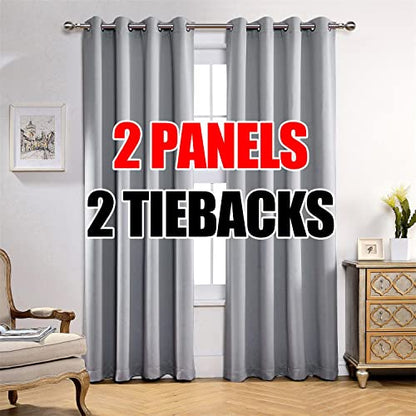 1 Pair Thermal Insulated Grommet 52-Inch-by-95-Inch Blackout Window Curtain Panels with 2 Tie Backs, Silver - color: Silver, size: 52"W x 95"L (Pack of 2)
