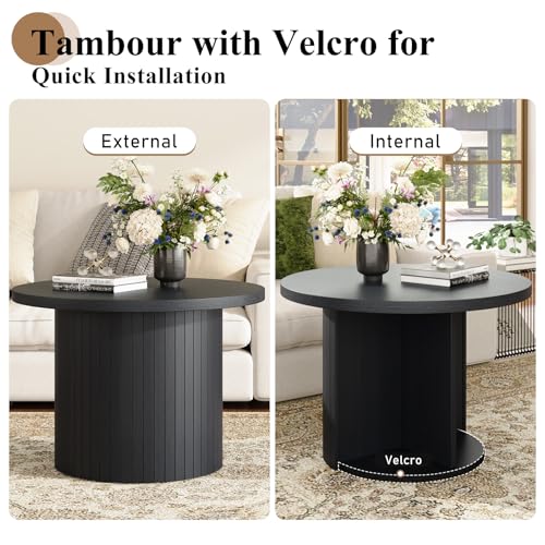 Nesting Coffee Table Set of 2, Mid Century Modern Round Coffee Tables, Wood Slat Side Table Set for Living Room, Office, Balcony, Textured Black - color: Black