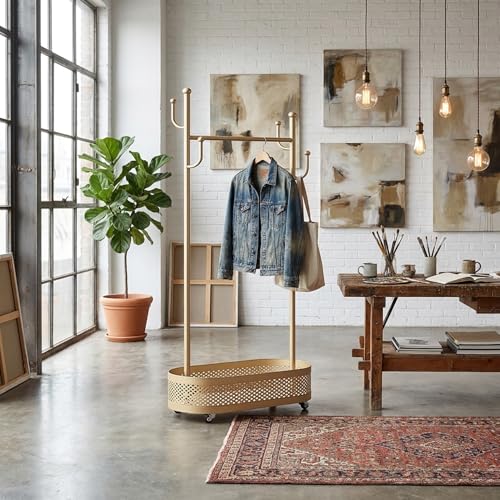 Gold Wheeled Cactus Metal Coat Rack Freestanding Garment Organizer | Double Sided, Modern Style, Powder Coated, for Entryway and Bedroom, 24x14x66.93 Inches - color: Gold