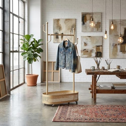 Gold Wheeled Cactus Metal Coat Rack Freestanding Garment Organizer | Double Sided, Modern Style, Powder Coated, for Entryway and Bedroom, 24x14x66.93 Inches - color: Gold