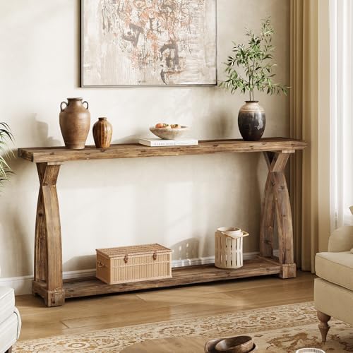 Solid Wood Console Table for Entryway, 63-Inch Narrow Farmhouse Couch Table Behind Sofa with 2-Tier Storage for Entrance, Foyer, Living Room, Long, Rustic Brown - color: Brown