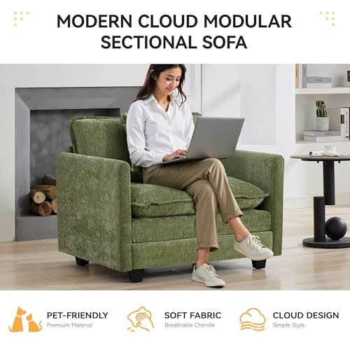 WUTUTUEE 41'' Modern Chenille Oversized Chair, Upholstered Accent Living Room Chair with Extra Thicked Deep Seat, Single Lounge Chair for Bedroom, Small Apartment,Green - color: Green, size: 41'' Single Seat