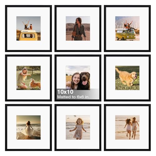 10x10 Picture Frame Black Set of 9, Square Photo Frames Matted 6x6 with Plexiglass for 6x6 with Mat or 10x10 without Mat for Table and Wall Display - color: Black, size: 10x10