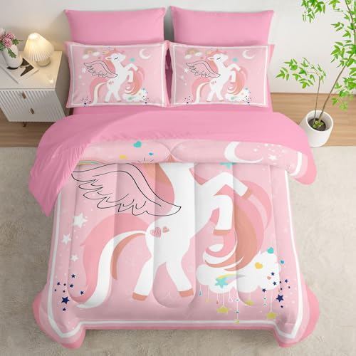 7Pcs Comforter Set Cartoon Pink Unicorn Printed Bedding Set with 1 Comforter,1 Flat Sheet,1 Fitted Sheet and 4 Pillowcases for Boys and Girls Bedroom All Season(Twin) - color: Cartoon Pink Unicorn, size: Twin 68x86inches