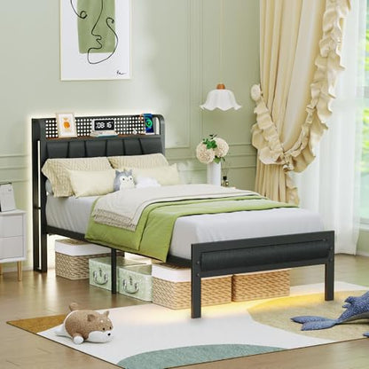 Twin Size Bed Frame with Storage Shelf and Upholstered Headboard | Metal Platform Bed with LED Light, Charging Station and Heavy Duty Slats, No Box Spring Needed, Noise Free & Easy Assembly - size: Twin, style: Bed Frame