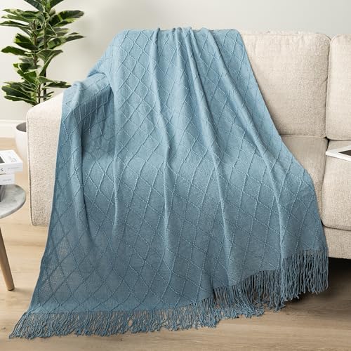 PAVILIA Dusty Blue Knit Throw Blanket, Soft Knitted Farmhouse, 50x60 | Lightweight Decorative Summer Fall Throw, Outdoor Textured Boho Blanket, For Couch Bed Sofa Chair Living Room Bedroom - color: Dusty Blue, size: 50 X 60 Inches - Throw