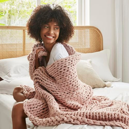 Madison Park Chunky Double Knit All Season Throw Blanket, 50 x 60, Blush | Ultra Soft, Acrylic, Cozy Warmth for Sofa or Bed, Lightweight, Boho, OEKO-TEX Certified - color: Blush