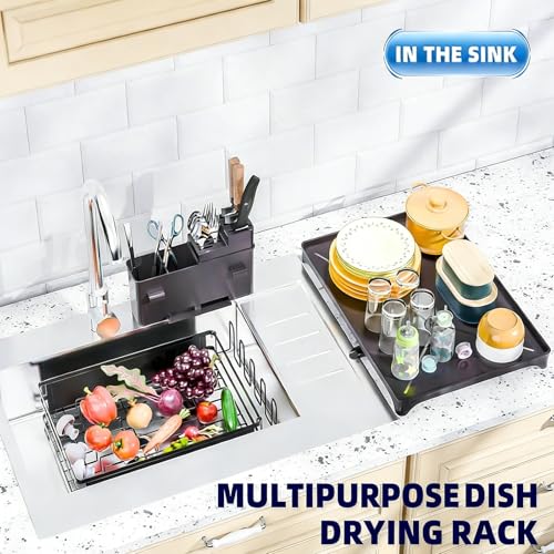 Simple Trending Dish Drying Rack for Kitchen Counter, 12" D x 16" W, Black | Stainless Steel Dish Rack for Kitchen Counter, Dish Drainer with Cutlery & Cup Holders, Anti-Rust, Counter Space Saving - size: 11.7"D x 16.5"W x 6"H