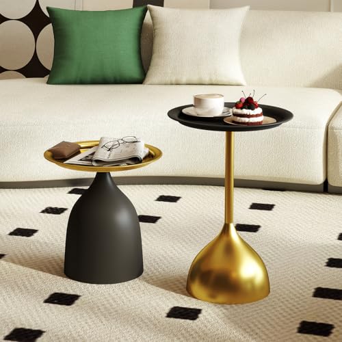 Benkyo Black and Gold Nesting Tables Pedestal Coffee Table Set of 2 Round Side Tables Metal End Table Small Circle Modern Sofa Table for Living Room - color: Black and Gold