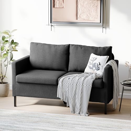 TYBOATLE Dark Grey Linen Small Couch Loveseat, 2-Seat Sofa for Living Room | Linen Fabric Upholstery, Love Seat, Mini Couch, Modern Design, Bedroom, Apartment, Dorm, Office, Small Spaces - color: Dark Grey