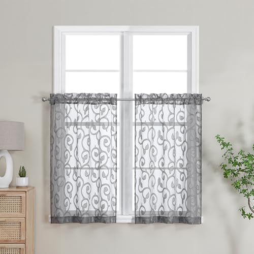 Furman Charcoal Gray Kitchen Curtains Tiers 36 inch Length, Light Filtering Soft Airy Clear Cafe Curtain for Living Room Bedroom Farmhouse Small Windows Half Curtains, 2 Pcs, Each 40Wx36L inch - color: Charcoal Gray, size: 40"W x 36"L (Pack of 2)
