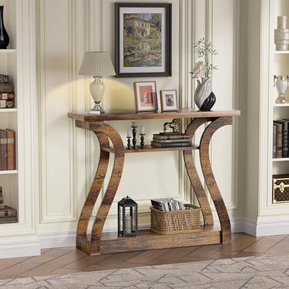 Wood Console Table, 3-Tier Accent Sofa Table (Rustic Brown) | 47" Entry Table with Curved Legs, 3-tier Shelf Modern Accent Sofa Table for Entrance Area, Living room, Hallway - color: Rustic Brown