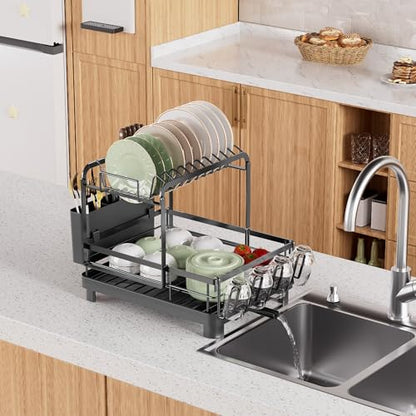 Runnatal 2-Tier Dish Drying Rack, Large Dish Drainers for Kitchen Counter | Anti-Rust Dish Rack with Drainboard, Utensil Holder, Extra Cup Holder, Black - color: Black, size: 2-Tier