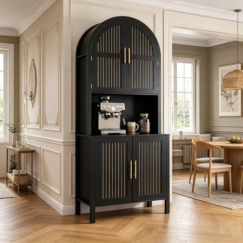 76" Tall Arched Kitchen Pantry, Large Kitchen Storage Cabinet with Fluted Doors and Microwave Stand, Modern Wood Buffet Sideboard, Adjustable Shelves, Cupboard for Dining Room, Living Room, Black - color: Black