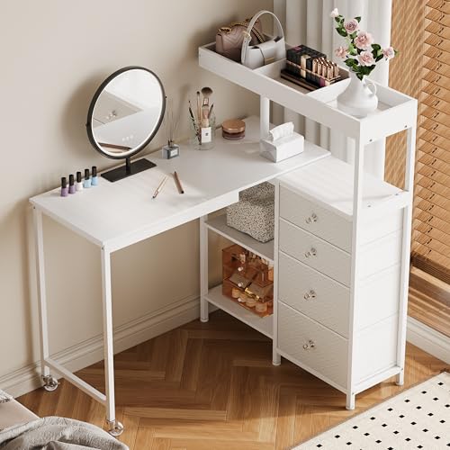 L-Shaped Manicure Table with Power Outlets,Nail Desk for Nail tech | Rotating Nail Workstation on Wheels with Charging Station,Nail Table with drawers & shelves for Home,Makeup Beauty Salon - color: White