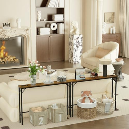Aduanbang 78.7 inch Narrow Console Table with Outlet, Sofa Table Set of 2, Behind Couch Table, Long Entryway Tables with Charging Station, for Living Room, Rustic Brown - color: Rustic Brown, size: 5.9"D x 78.7"W x 30"H
