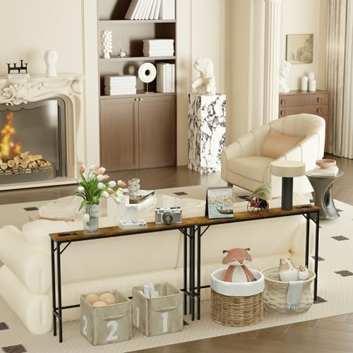 Aduanbang 78.7 inch Narrow Console Table with Outlet, Sofa Table Set of 2, Behind Couch Table, Long Entryway Tables with Charging Station, for Living Room, Rustic Brown - color: Rustic Brown, size: 5.9"D x 78.7"W x 30"H