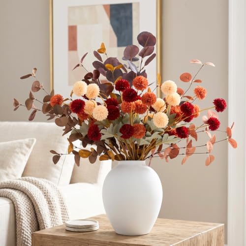 Orange Fall Flower Arrangement with Vase, Fall Centerpieces For Tables | 12 Real Touch Faux Mums & Eucalyptus Stems for Dining Table, Artificial Fall Flowers in Vase Thanksgiving & Autumn Home Decor - size: orange in vase