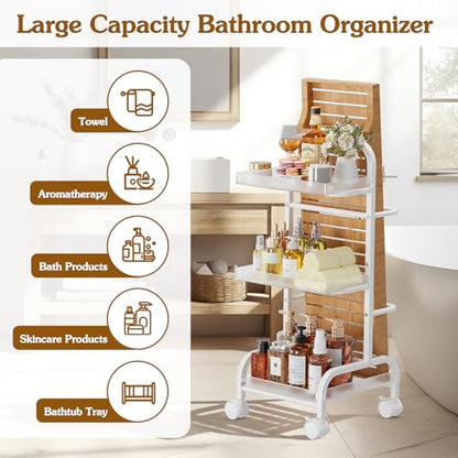 Bathroom Cart with Bathtub Tray Holder, Bathroom Organizers and Storage, Small Slim Shelf Organizer with Bath Tub Caddy Rack, 3 Tier Narrow Skinny Acrylic Rolling Cart for Laundry Room Living Room