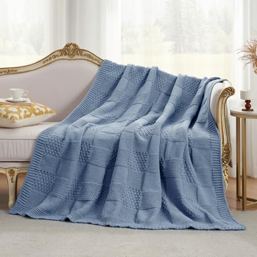 Knit Throw Blanket, Soft Chenille Cozy Breathable Checkered Chunky Decorative Blanket for Couch, Bed & Sofa, French-Inspired Lightweight Warm Gift for Women, Washed Blue, 50"x60" - color: Checkered Washed Blue, size: Checkered Knit 50"x60"