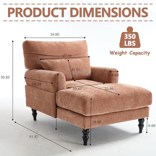 Chaise Lounge Chair Indoor Bedroom, Comfy Lounge Chair with Wide Armrest & Backrest for Small Space, Thick Cushion, High-Density Foam, Waist Pillow, Chenille (Orange) - color: Orange