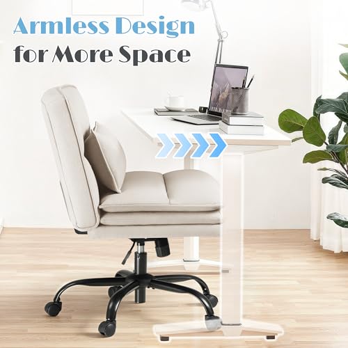 Furmax Criss Cross Legged Office Chair with Wheels, Armless Extra Wide Seat Swivel Desk Chair, Adjustable Height Comfy Task Chair with Thick Cushion for Home Office Bedroom Vanity (Fabric, Beige) - color: Beige