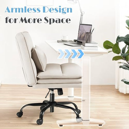 Furmax Criss Cross Legged Office Chair with Wheels, Armless Extra Wide Seat Swivel Desk Chair, Adjustable Height Comfy Task Chair with Thick Cushion for Home Office Bedroom Vanity (Fabric, Beige) - color: Beige
