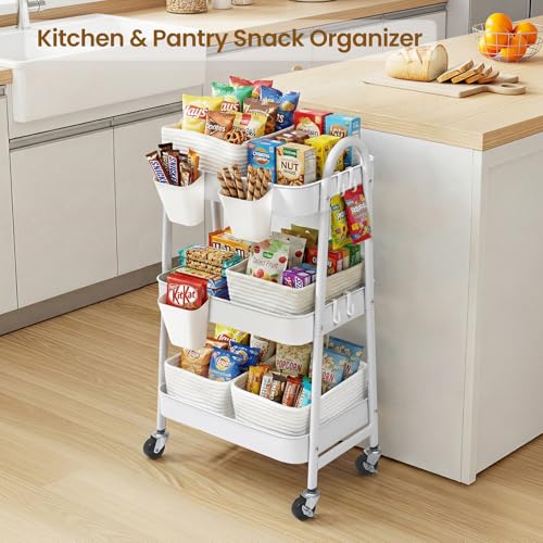 3-Tier Rolling Utility Cart with 4 Woven Baskets, Diaper Book Snack Cart, Storage Organizer for Nursery, Kitchen, Craft Room, Home SPA, Living Room, Metal Frame Trolley on Lockable Wheels, White - color: White