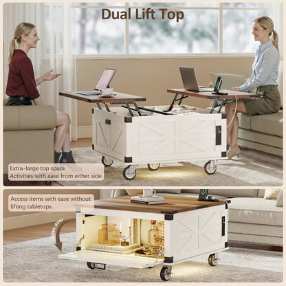 Farmhouse Coffee Table with Lifting Top & 4 Wheels for Living Room | LED White Square Center Tables with Large Storage & Charging Station, Wood