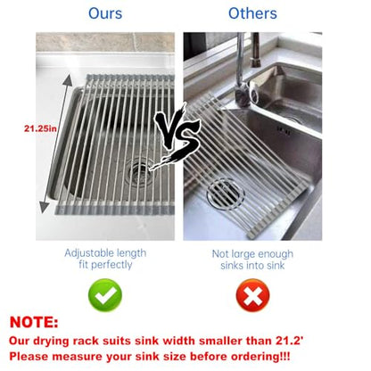 CHIRISEN Expandable Large Roll Up Dish Drying Rack, Foldable Over The Sink Dish Drying Rack, Rolling Dish Drainer Stainless Steel Roll Rack for Kitchen Sink Counter (Gray, 21.25x12.79in)