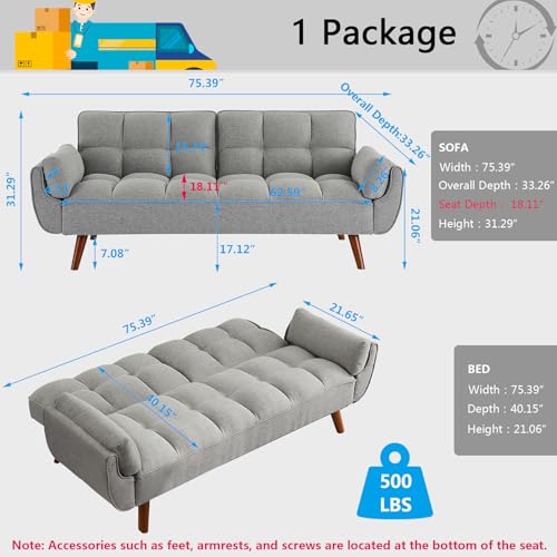 Futon Sofa Bed Modern Convertible Sleeper Sofa, 75” Linen Twin Size Futon Couch Comfy Recliner Sofa Couch with Adjustable Split Backrest for Living Room Small Spaces, Grey - color: Grey