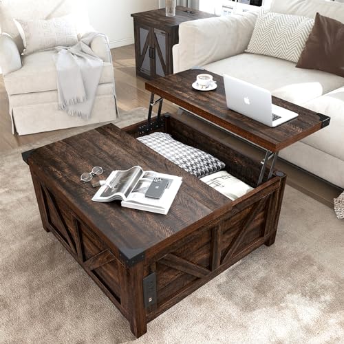 jimeimen Farmhouse Lift Top Coffee Table with Storage, Wood Square Center Table with Charging Station&USB Port, Living Room Table w/Large Hidden Space, for Living Room, Bedroom, Home Office, Brown - color: Brown