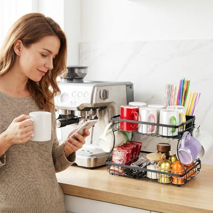 Coffee Mug Holder, Metal Cup Holder Rack with 2 Tier Storage Base, Coffee Mug Holder for Countertop Kitchen Storage Tea Kcup with 4 Hooks - color: 2-Tier (Wire Basket)