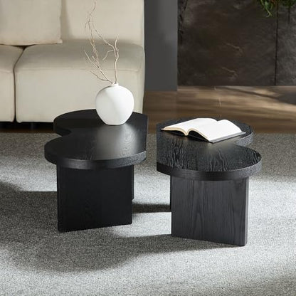 31.49" Nesting Coffee Table Set of 2 for Living Room, Couch/Bedroom Side, Unique Butterfly Shaped, Irregular Wood Fun Center Table for Small Space- Black - color: 31.5"&31.5"-black